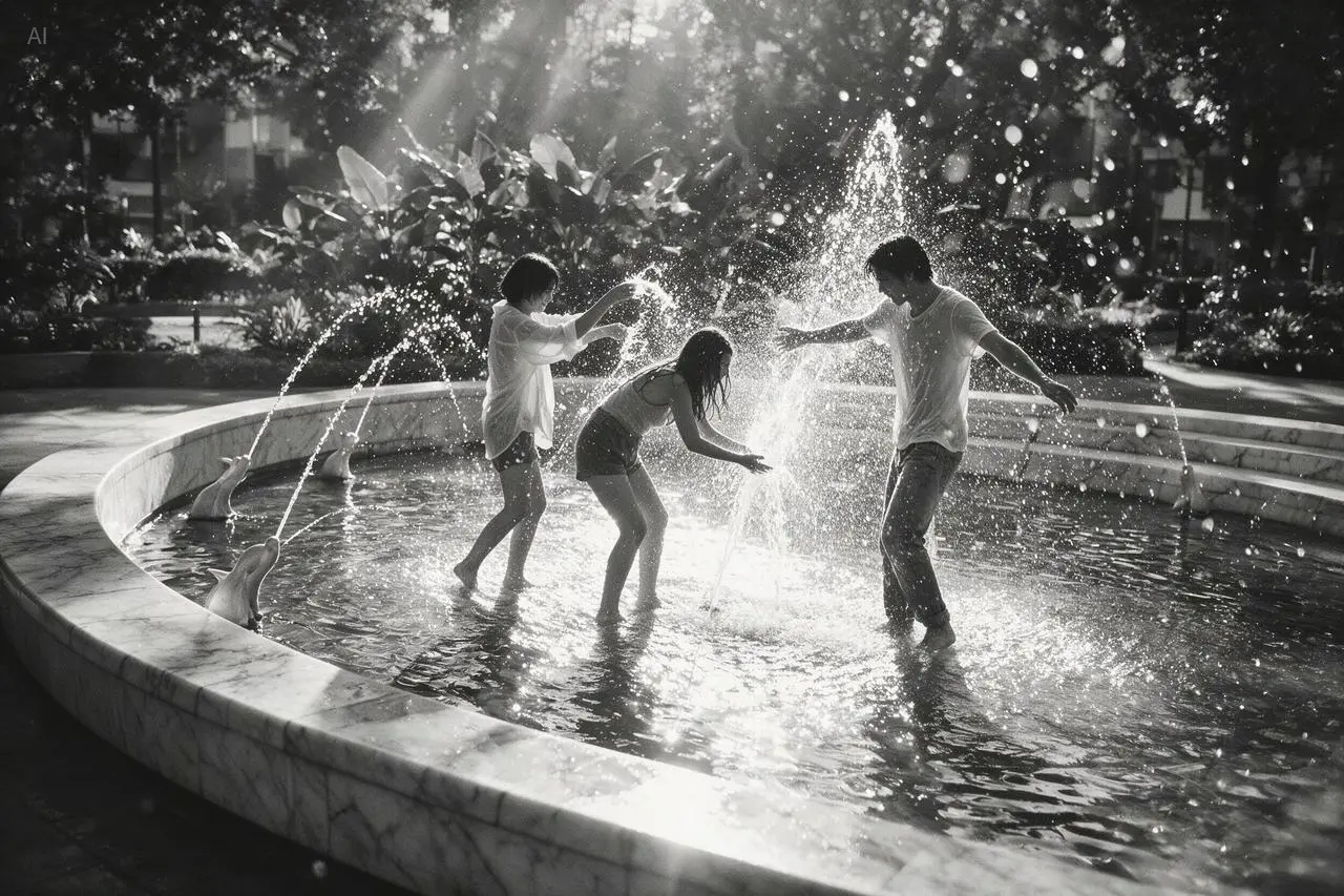 Black and white children playing in a fountain